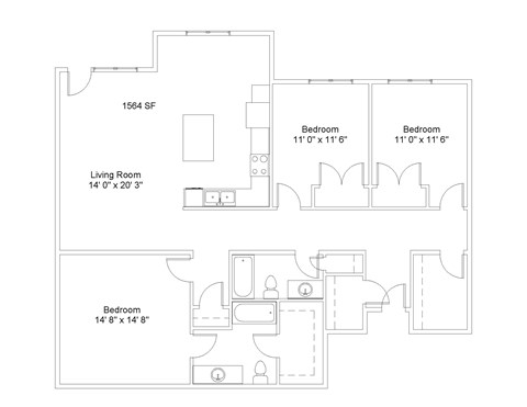 Floor plan for 3 beds, 2 baths, 1564 sqft